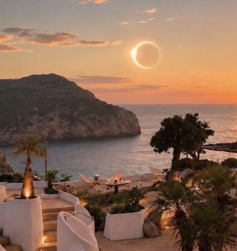 A solar eclipse over a coastal terrace – a breathtaking location for a luxurious wedding.