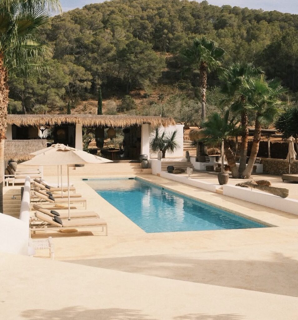 A rectangular swimming pool at a luxurious wedding in a dreamlike location, surrounded by sun loungers and palm trees.